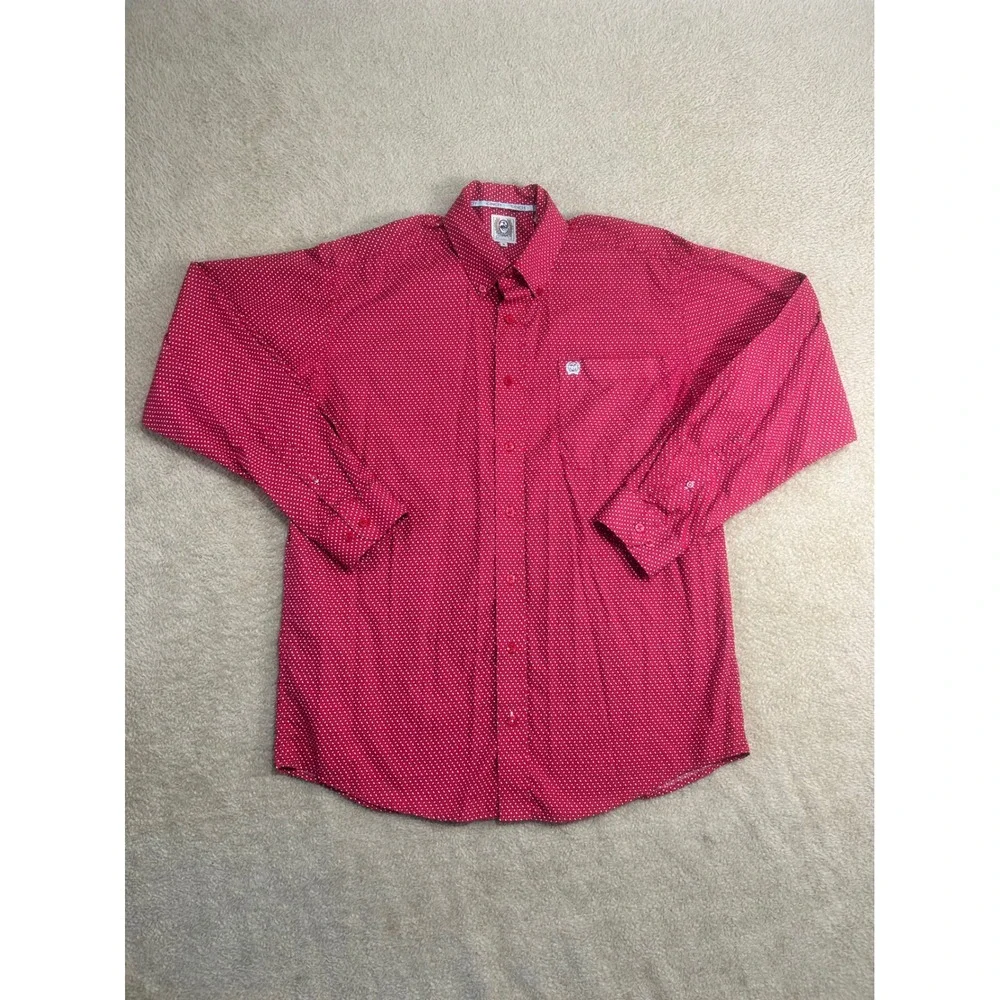 Cinch Mens Red Geo Print Long Sleeve Button Down Shirt Size‎ S
